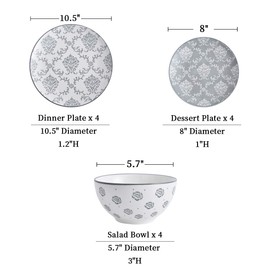 Original Heart 12-Piece Dinnerware Set, Ceramic Dish Set with Plates, Bowls, Nonstick, Durable Stoneware, Grey for Kitchen