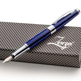 ZenZoi Blue Fountain Pen Set w/German Schmidt Medium Nib. Include Classic Elegant Pen, Ink Converter, 2 Ink Refill (Blue+Black) & Gift Box. Great Executive Luxury Pen for Men Women (Medium Nib, Blue)