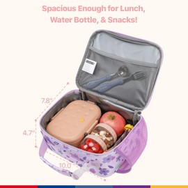 Bagseri Kids Lunch Bag for Girls - Insulated Kids Lunch Box for Daycare and School Reusable Meal Tote Bag with Water Bottle Holder, Easy-Clean Water-Resistant Fabric, Purple Floral