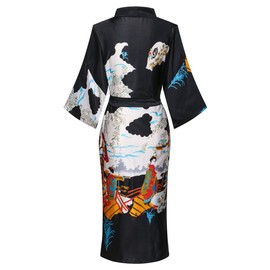 Dandychic Women's Kimono Robes Pagoda Print Kimono Imitation Silk Long Style Large Black