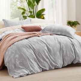 Bedsure Duvet Cover King Size - Reversible Grey King Duvet Cover Set with Zipper Closure, 3 Pieces Botanical Floral Patterned Bedding Set with 8 Corner Ties and 2 Pillow Shams