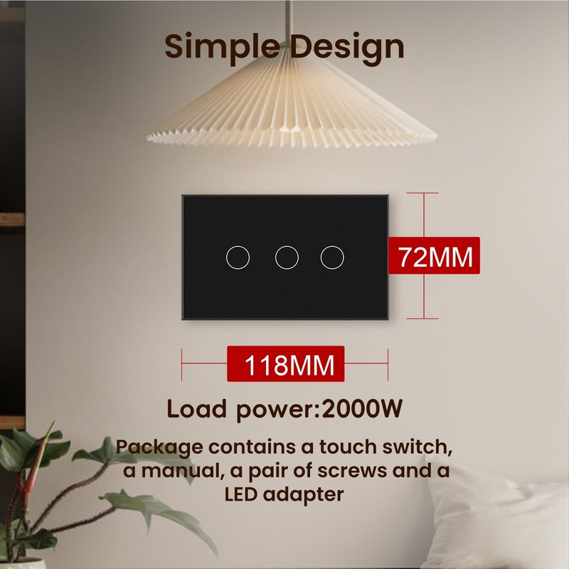LOUYSGEN Light Switch 118X72X34MM Size No Neutral Wire No WiFi,Tempered