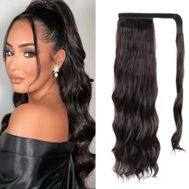 Wavy Ponytail Extension, Wrap Around Ponytail Hair Extensions, Long Pony Tail Hair Extension (6A# Dark brown, 22inch wavy)