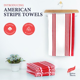 Ashton Sheets American Stripe Kitchen Towels 100% Cotton Pack of 6, Highly Absorbent Quick Drying, Soft Dish Towels 20x30 Inch for Kitchen with Hanging Loop, Hand & Tea Towel - Red & White Striped