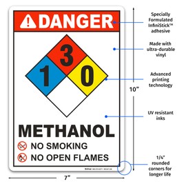 Brimar - 7" x 10" - NFPA Methanol 1-3-0 Sign - 3.5 Mil InfiniStick™ Vinyl Label - Hazard Warning - Easy Installation