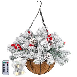 Nervure 22inch Artificial Christmas Hanging Basket - Snow Flocked Christmas Hanging Basket - Christmas Hanging Basket with Battery Powered and Pine Cones Berries for Christmas Outdoor Decor
