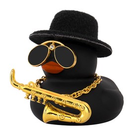wonuu Car Dashboard Ducks, Saxophone Decor Rubber Duck Car Ornaments with Mini Top Hat Necklace Sunglasses (Black)