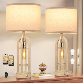 Table Lamps for Living Room - Farmhouse Lamps Set of 2 with USB C+A & Outlet, 3-Way Dimmable Touch Lamps for Night Stands, Rustic Bedside Lamp for End Tables, Industrial Nightstand Lamps for Bedroom