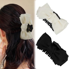 𝑪𝑼𝑩𝑨𝑪𝑶 Elegant Bowknot Claw Clips for Women, CUBACO 2pcs Hair Bow Clips for Girls Silk Bowknot Hair Clips Non-Slip Claw Clips for Thick Hair, Black&White Bow Hair Barrettes Jaw Hairclips