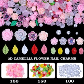 400 Pieces Camellia Flower Nail Charms for Acrylic Nails 3D Rose Floral Nail Gems Pink Leaf Nail Accessories White Pearls Nail Supplies for Women Nail Art Design (Pink)