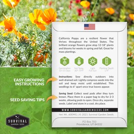 Survival Garden Seeds 5 Packets California Poppy for Planting - Seed Packs with Instructions to Grow Eschscholzia Californica Plants in Your Home Flower Garden - Non-GMO Heirloom Wildflower Variety