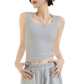 GRECERELLE Women's Cotton Wide-Strap Crop Tank Top - Stylish and Comfortable Summer Essential for Casual, Sporty, and Layering Looks (Beige Grey, L)