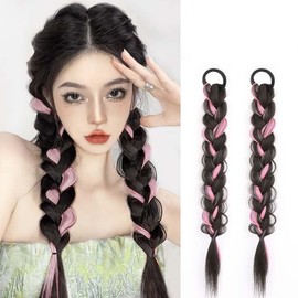 NT-ling 2Pcs Braided Ponytail Extensions with Hair Ties Soft Synthetic Hair Pieces for Women Girls Daily Wear 19.7 Inch Suitable for parties, birthdays, weddings (Pink)