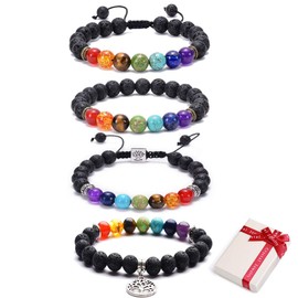 Feelairy Gemstone Bracelets Set, 4 Pieces Lava Stone Bracelet, Natural 8 mm Yoga Bracelet with Tree of Life Pendant, Reiki Healing 7 Chakra Bracelet, Buddha Beads Bracelet, Elastic for Unisex Men