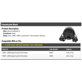 Automatic Transmission Mount - Compatible with 1999-2004 Jeep Grand Cherokee 4WD 4.0L 6-Cylinder