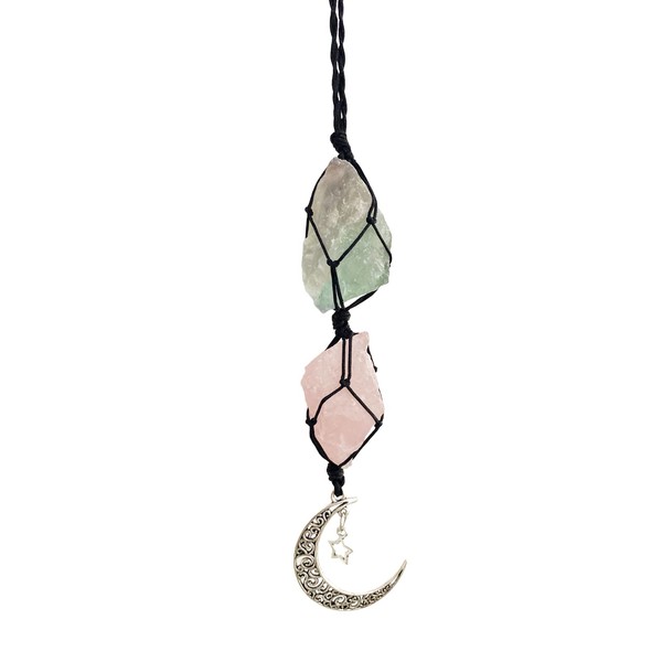 CHIVOLONA Handmade Hanging Car Charm, Rear View Mirrors Decorative Hanging Ornaments Pure Natural Energy Crystal Room Decoration with Moon Star Accessories for Health (Rose Quartz+Green Fluorite)
