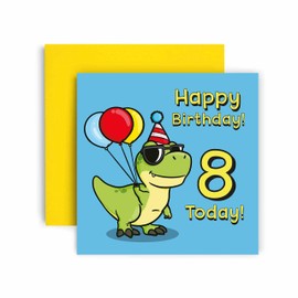 Huxters 8th Birthday Card – Dinosaur Birthday Cards for Boys – T Rex Dinosaur Happy Birthday Card – Birthday Card for Son or Daughter Brother Sister Friend Birthday Card Envelope (8th)