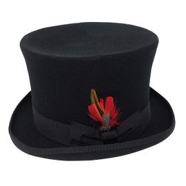100% Wool Felt Top Hats Victorian Style Mad Hatter Tall Gentlemen Magic Hats Removable Feather (XL, Black)