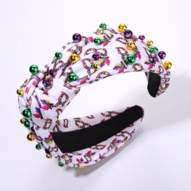 Mardi Gras Headband Purple Green Yellow Crystal Knotted Headband for Women Mask Rhinestone Jeweled Embellished Wide Top Knot Hairband Carnival Parade Party Hair Accessory (Mask Print231226)