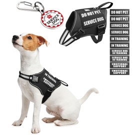 MOOGROU Service Dog Vest Harness+ID Tag+10 Patches,Metal Serivce Dog Tag&Reflective Emotional Support Dog Vest with Handle for Small Dogs,Easy Put On/Off for Training/Walking/Everyday Black XS
