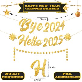 Happy New Year Decorations, Happy New Year Banner 2025, No DIY,10 Feet Happy New Year Decorations, Gold Glitter New Years Eve Party Supplies 2025, Bye 2024 Hello 2025 Banner, NYE Decorations 2025