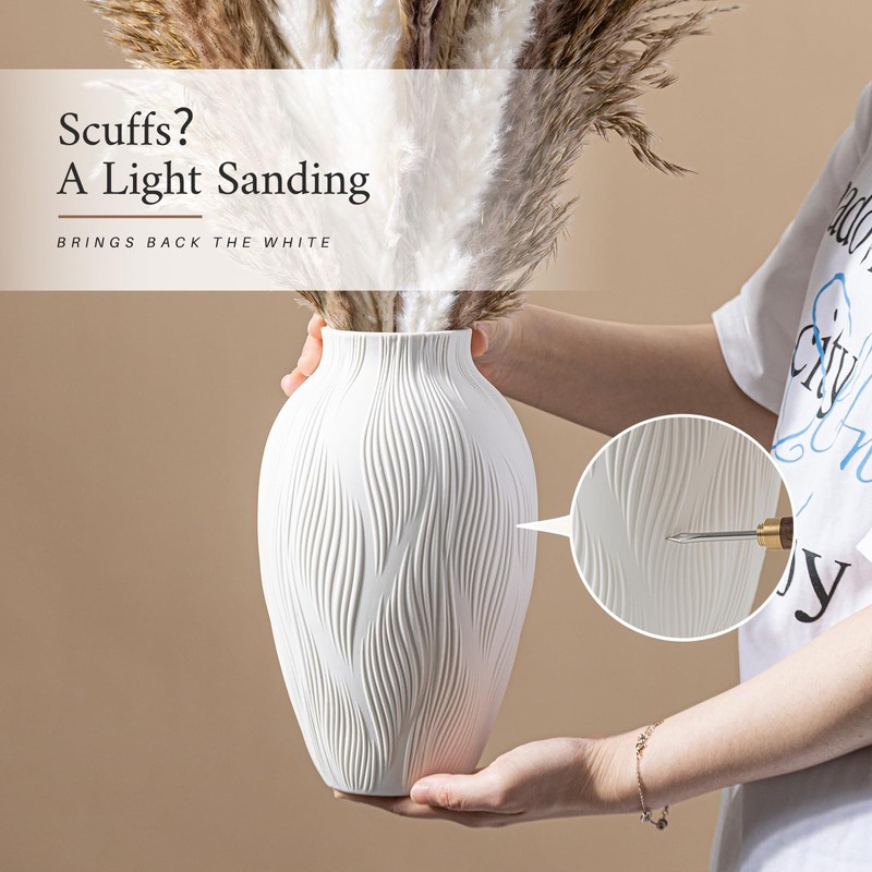 White Ceramic Vase for Pampas Grass, 9.2 Inch Wavy Textured