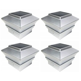 RELIGHTABLE (4 Pack) 4" x 4" Solar Power Square Outdoor Post Cap Lights for PVC Vinyl (Silver)