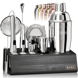 BARE BARREL® Mixology Bartender Kit Bar Set | 14-Piece Cocktail Shaker Set | Martini Barware Mixing Tools for Home Bartending | Incl. 35 Recipe Cards | Gift Set (24oz Cobbler Shaker, Silver Black)