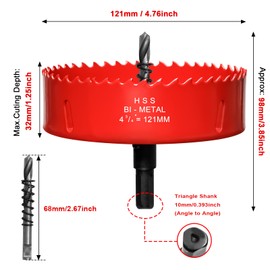 Hole Saw 4 3/4” (121mm) for Wood, HSS Bi-Metal Hole Cutter Core Drill Bit for Recessed Lights, PVC Boards, Fiberglass and Vent Pipes