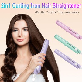 2025 New 2 in 1 Mini Dual Purpose Curling Iron, Mini Curling Wand Flat Iron Hair Straightener, Portable Travel Curl Wand for Women Short and Long Hair (Light Purple)