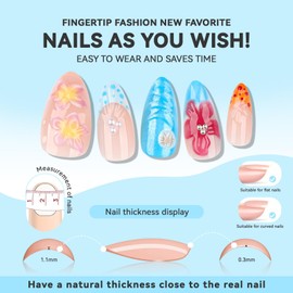 CUZIAM 24PCS Ocean Flower Press on Nails Medium Almond - Soft Gel 3D Tropical Floral Fake Nails Pearl Rhinestones Charms Cute Acrylic Nails, Blue Yellow Beach Vacation Nail for Women Daily Wear