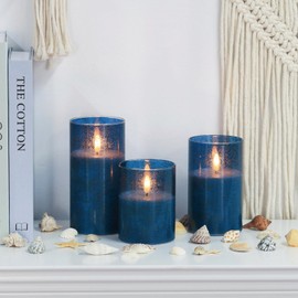 SNUGBLAKI Flickering Flameless Candles with Remote - 3D Wick Battery Operated Candles with Timer, Blue Glass Fake LED Candles for Party Wedding Birthday Holiday Festival Christmas Home Decor Gifts