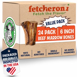 FETCHERONI Marrow Bones for Large Dogs, 6 inch Natural Dog Bones for Aggressive Chewers, Long Lasting Treats, Grain-Free, Rawhide Alternative, Dental Health Snack, USA Packaged, Low Odor (24 Pack)