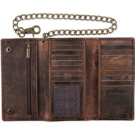 F&L CLASSIC F&L CLASSIC RFID Blocking Mens Tri-fold Long Style Cowhide Leather Steel Chain Wallet,buffalo vintage leather