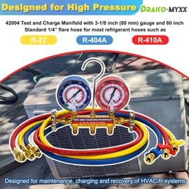 2025 Upgrade 42004 Test and Charge Manifold with 3-1/8" (80 mm) Gauge, 1/4" to 1/4" Standard Flare Fittings with 60" HVAC Hose, Gauge with Colored Label for R-22/404A/410A Refrigerant, Yellow/Red/Blue
