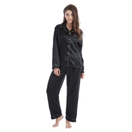 TONY & CANDICE Women's Classic Satin Pajama Set Sleepwear Loungewear (Medium, Black With White Piping)