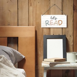 PHAMTE Boho Classroom Nursery Decor, Let's Read Boho Nursery Wood Plaque Sign Hanging Door Wall Decor, 12x6 Inch Home Decor Accents Wall Pediments