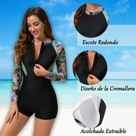 FALAZAR Traje de Baño Deportivo para Mujer con Cremallera,Trajes de Baño Natacion de Una Pieza con Mangas Largas,Trajes Completos para Surf y Natación,Negro/Verde L