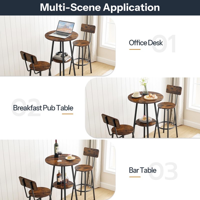 HOOBRO 3 Pieces Round Bar Height Table and Chairs Set,