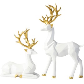 Toddmomy 2PCS Nordic Resin Geometric Elk Statue,Seated and Standing Lucky Deer Sculptures Christmas Reindeer Decor for Home Bedroom Living Room Decor