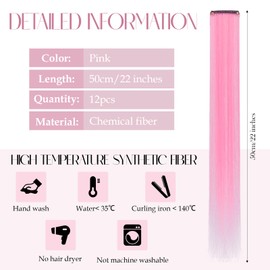 12PCS Colored Hair Extensions Pink Hair Extensions Clip in Colorful Hair Extensions 22 Inch Rainbow Hair Extensions for Girls Women