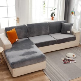 MINGPINHUIUS Soft Velvet Sofa Cushion Cover - Stretch Anti-Slip Sofa Cover Couch Cushion Covers for Sectional Sofa L Shape, Sofa Cushion Slipcover Furniture Protector (Grey, M Back Cover)