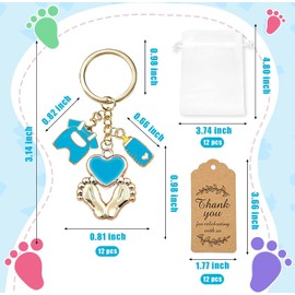 BUYWUMORE 12 Sets Baby Shower Favors for Boy Blue Footprint Keychains Gifts with Bottle Baby Clothes White Organza Bags and Thank You Tags for It's a Boy Decorations Baby Shower Party Supplies (Boy)