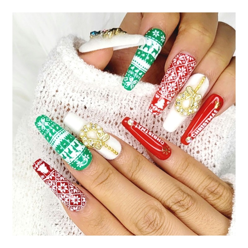 Christmas Velvet Handmade Nail Tips - Almond S / 크리스마스