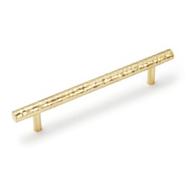 KOPPALIVE 2-Pack Solid Brass Kitchen Cabinet Pulls, Gold Modern T-Bar Handles, 5-Inch Hole Center Hammered Handles for Dresser Drawer Cupboard, 6-7/8 Inch Total Length, Polished Finish