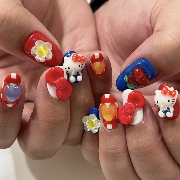 MouyouGlow Press on Nails Short Round Cute Kawaii 3D Kitty