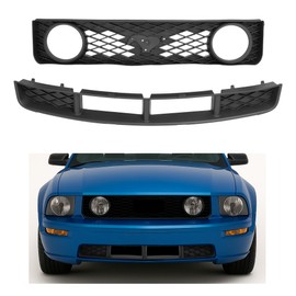 JMTAAT 2 Pcs Front Upper + Lower Grille Compatible with 2005-2009 Ford Mustang GT Replacement for FO1200422 FO1036114 6R3Z8200BA 7R3Z17K945BA Plastic(PP) Bumper Grill w/Round Headlight Holes Black