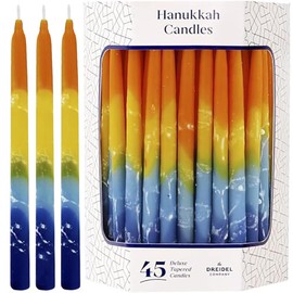 Dripless Hanukkah Candles Deluxe Sunburst Tri Colored Hand Decorated Hanukkah Candles 45 Count for All 8 Nights of Hanukkah 1-Hour Burn Time
