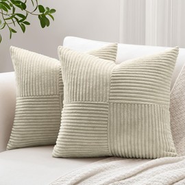 Sungeek Set of 2 Decorative Cushion Covers 45 x 45cm Soft Corduroy Striped Cross Patchwork Textured Pillow Covers Solid Square Throw Pillow Cases for Sofa Bed Patio 18x18 Inch, Neutral Taupe