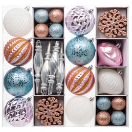 Hollyone Christmas Balls Ornaments Set, 50pcs Glitter Pink Blue and White Shatterproof Christmas Ball Snowflakes Tree Ornaments Hanging Ball Decoration for Xmas Tree Wreath Garland Wedding Home Decor